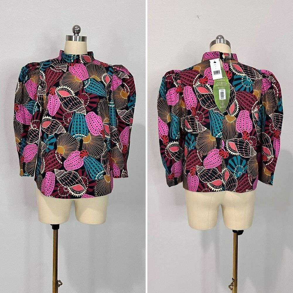 NWT Farm Rio Mock Neck Shell Print Blouse Sz M Boho Coastal Beachy Tribal Batik